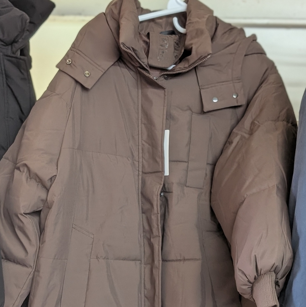 Puffit A08-D Long Puffer Coat In Cocoa. Women Size XL